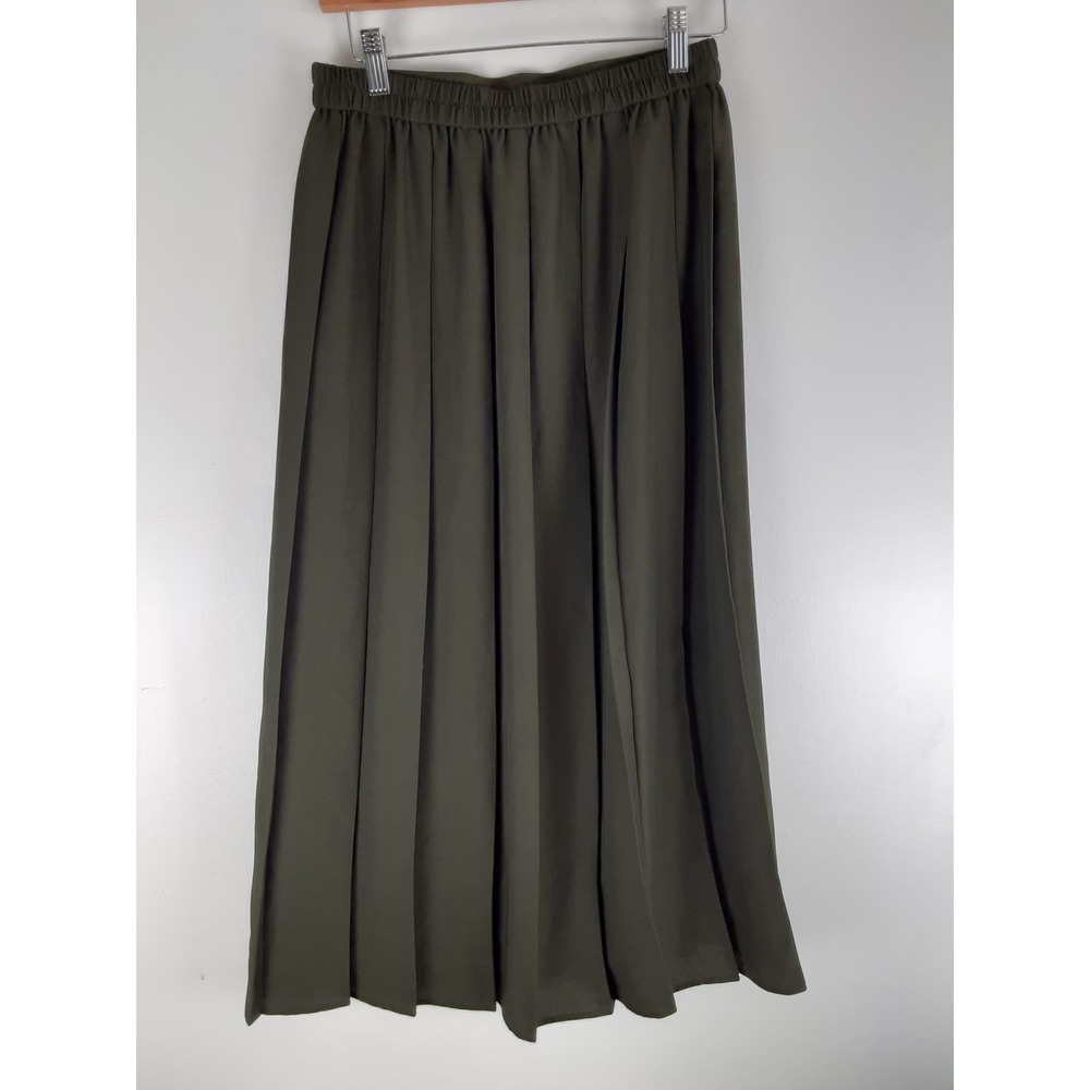 Uniqlo Womens Olive Green Pleated Pull On Maxi Skirt Lined Elastic Waist S